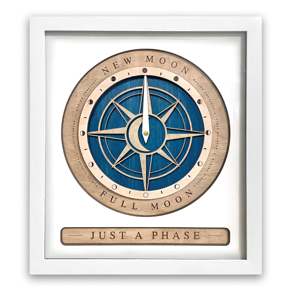 Compass Rose Moon Phase Clock White and Blue