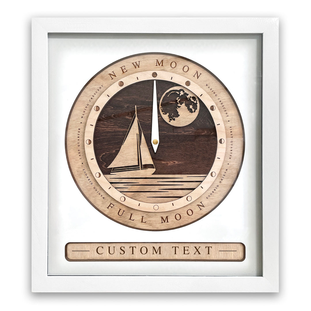 Sail Boat Moon Phase Clock White and Red Mahogany