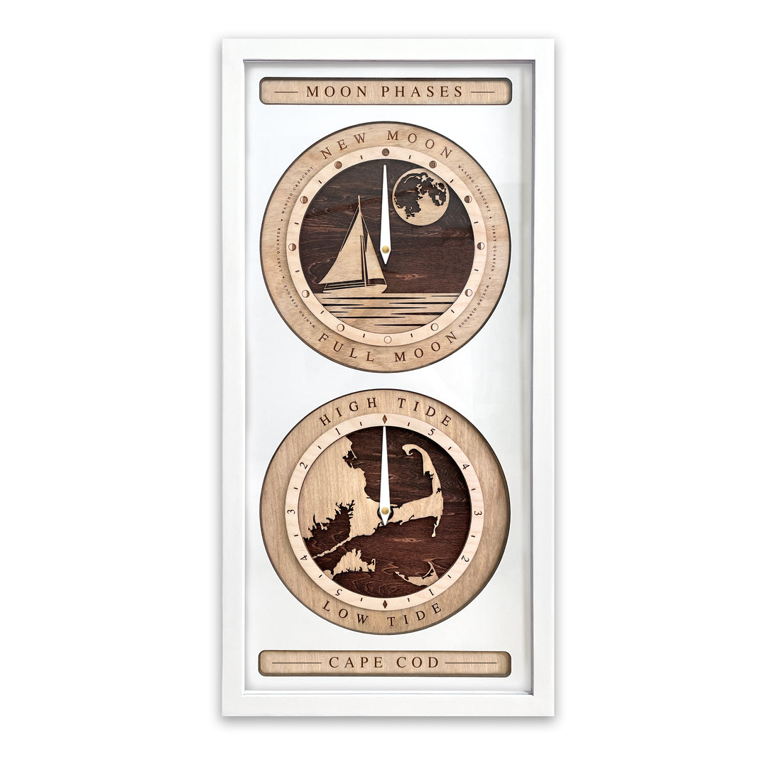 Sail Boat and Cape Cod Moon Phase and Tide Clock White and Red Mahogany