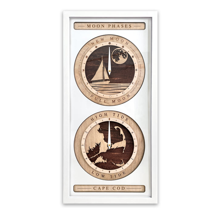 Sail Boat and Cape Cod Moon Phase and Tide Clock White and Red Mahogany