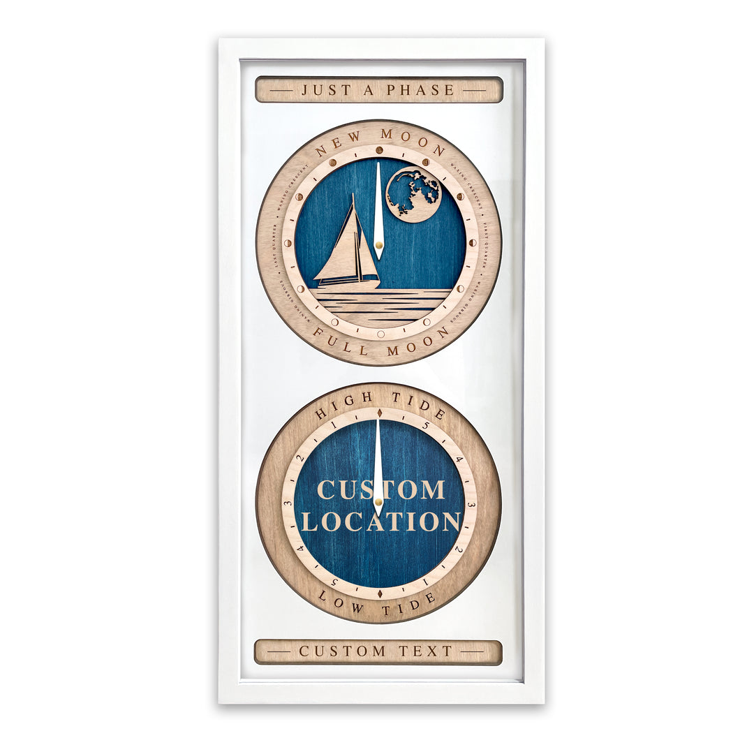 Sail Boat and Custom Location Moon Phase and Tide Clock White and Blue