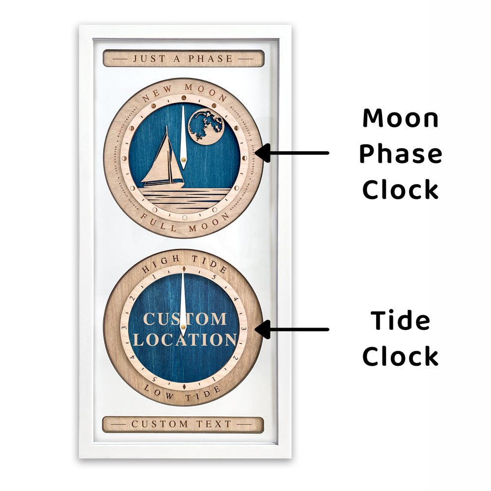 Moon Phase and Tide Clock Sail Boat and Custom Location White and Blue