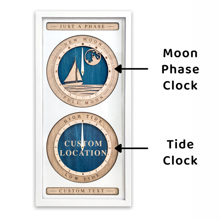 Moon Phase and Tide Clock Sail Boat and Custom Location White and Blue