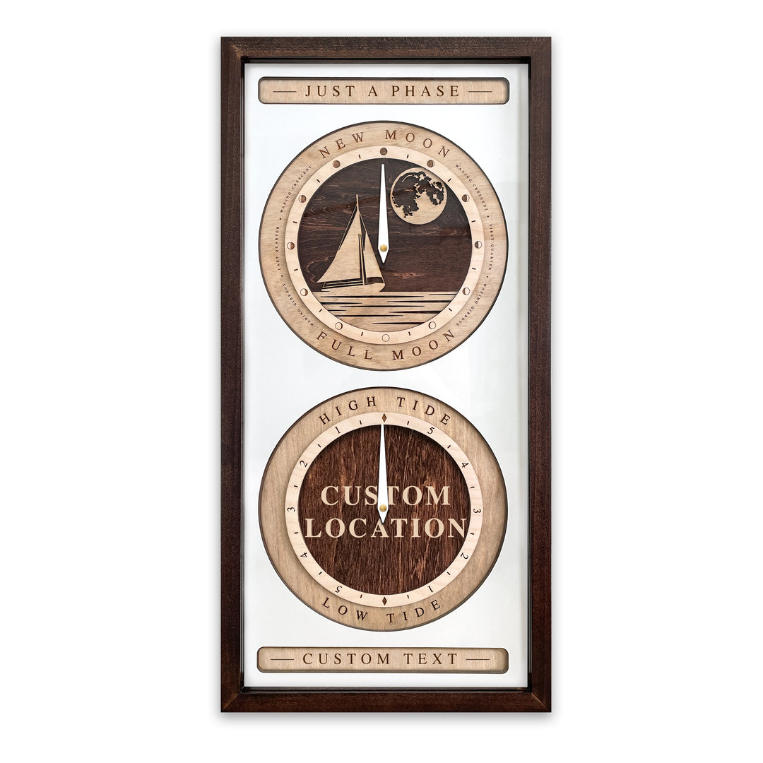 Sail Boat and Custom Location Moon Phase and Tide Clock Red Mahogany