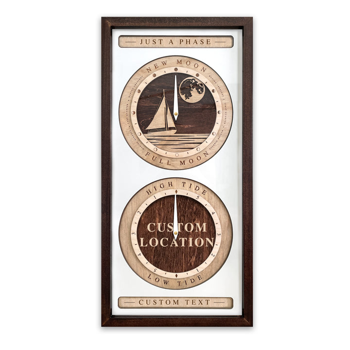 Sail Boat and Custom Location Moon Phase and Tide Clock Red Mahogany