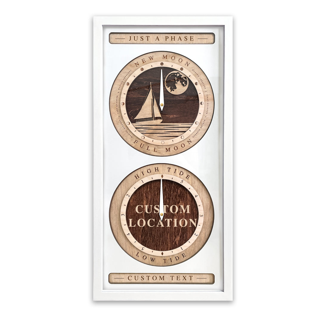 Sail Boat and Custom Location Moon Phase and Tide Clock White and Red Mahogany