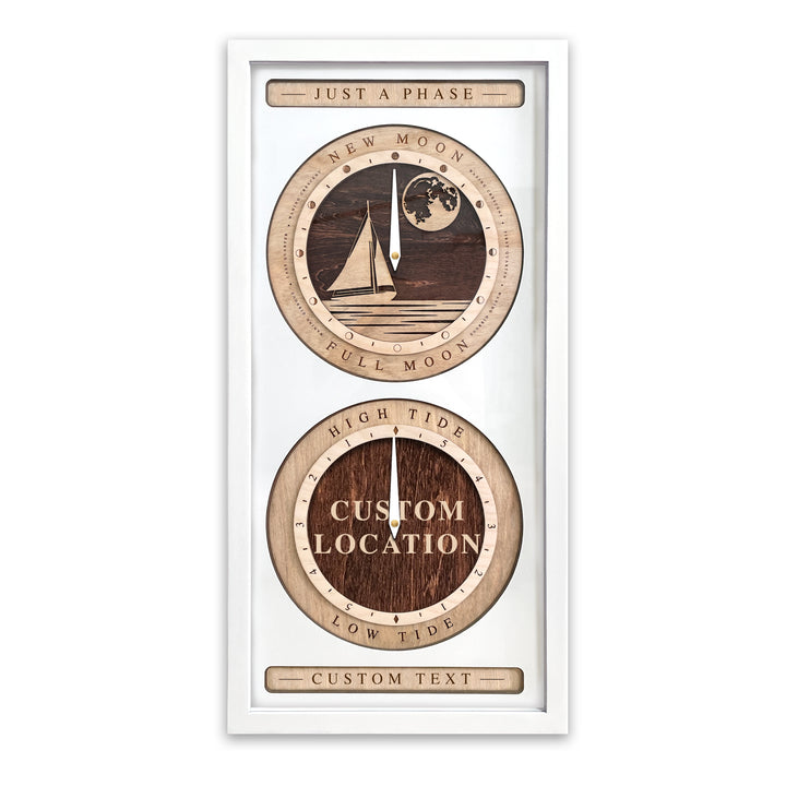 Sail Boat and Custom Location Moon Phase and Tide Clock White and Red Mahogany