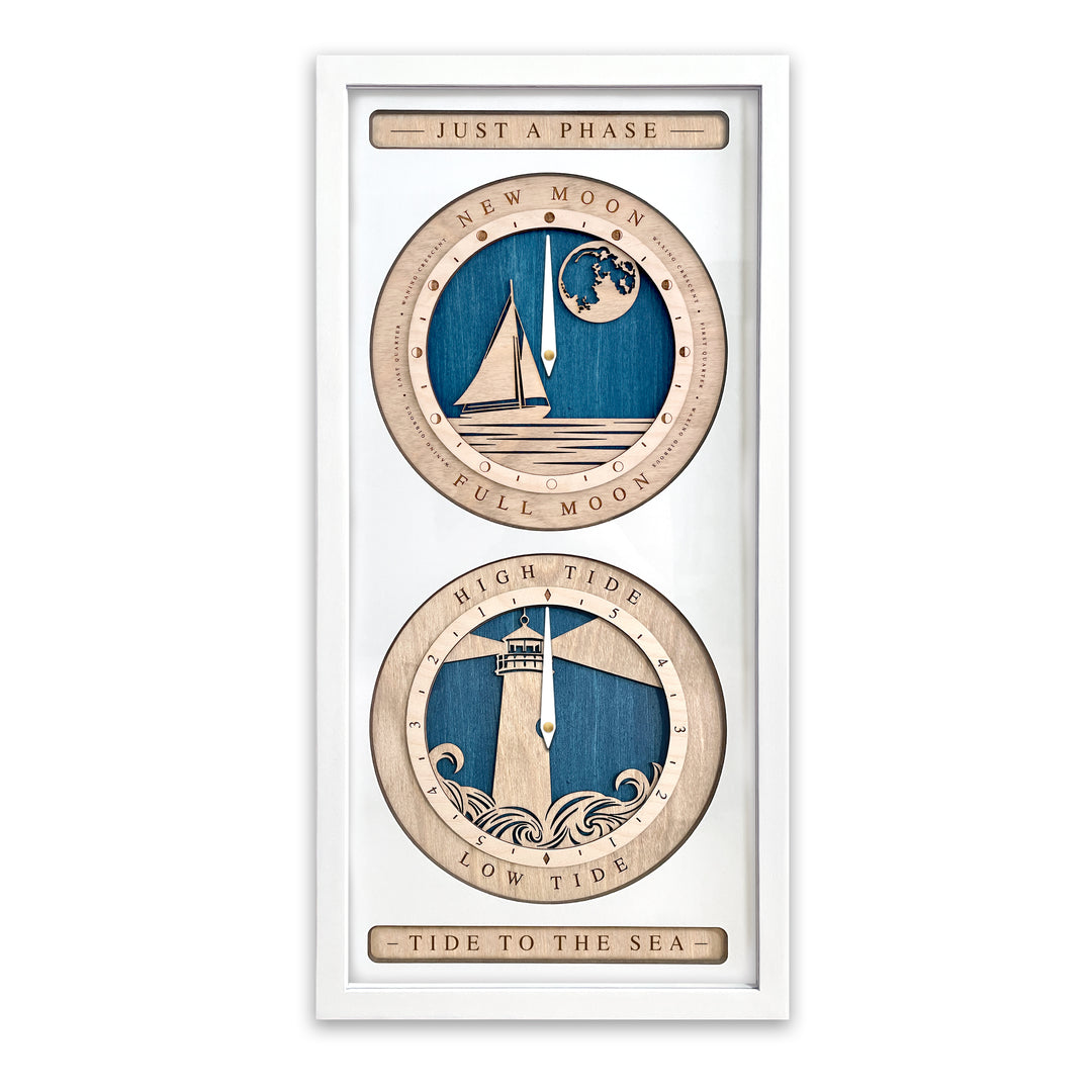 Sail Boat and Lighthouse Moon Phase and Tide Clock White and Blue