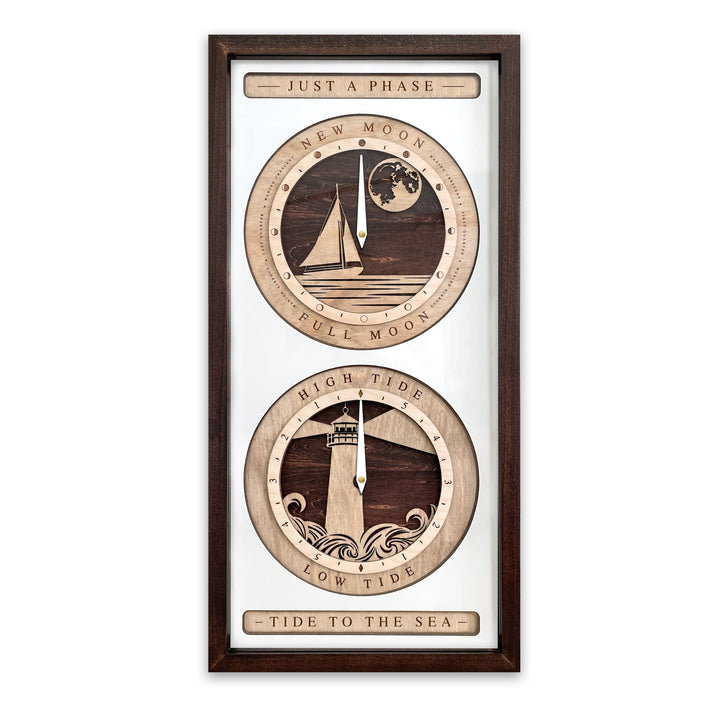 Sail Boat and Lighthouse Moon Phase and Tide Clock Red Mahogany