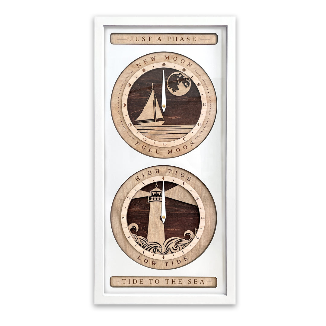 Sail Boat and Lighthouse Moon Phase and Tide Clock White and Red Mahogany