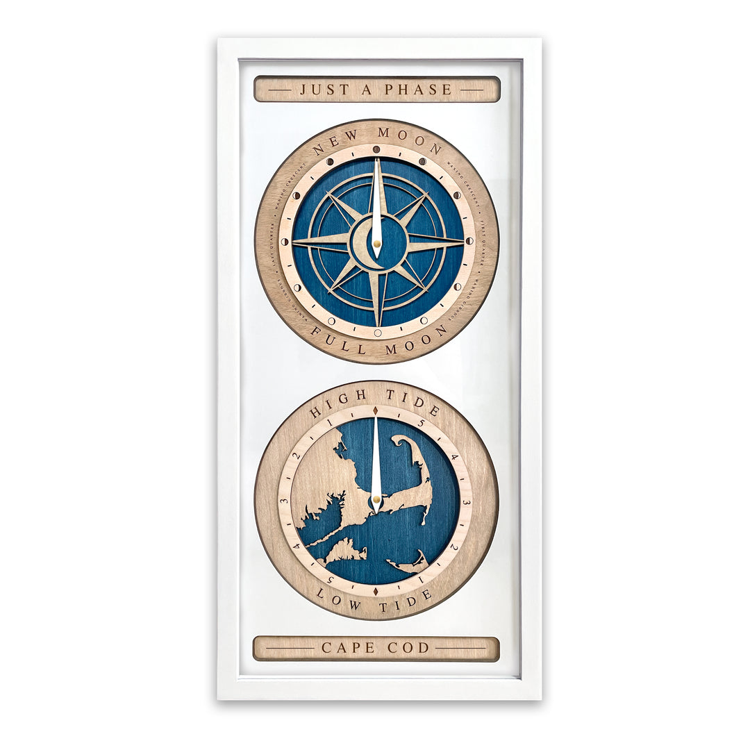 Compass Rose and Cape Cod Moon Phase and Tide Clock White and Blue