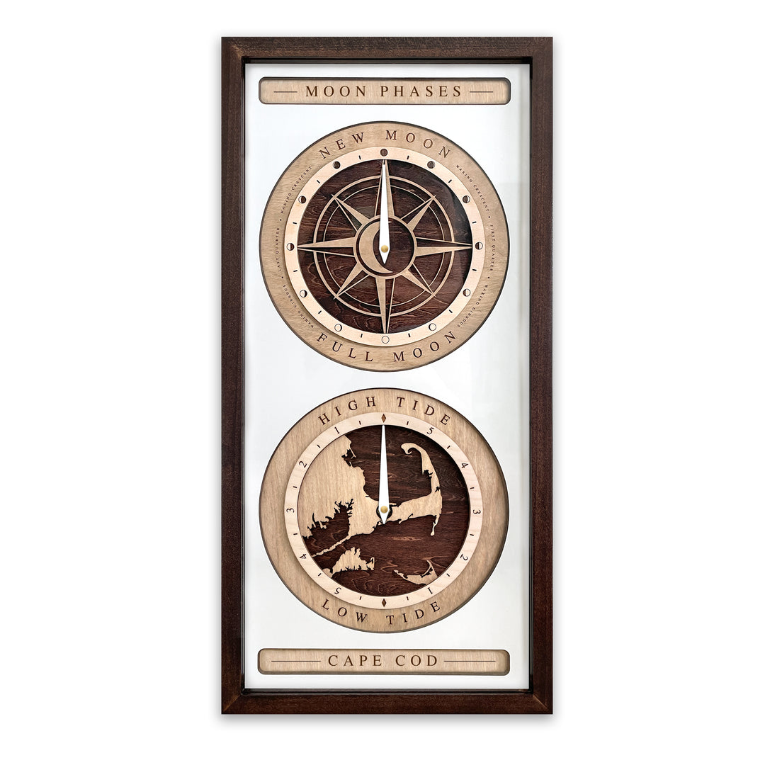 Compass Rose and Cape Cod Moon Phase and Tide Clock Red Mahogany