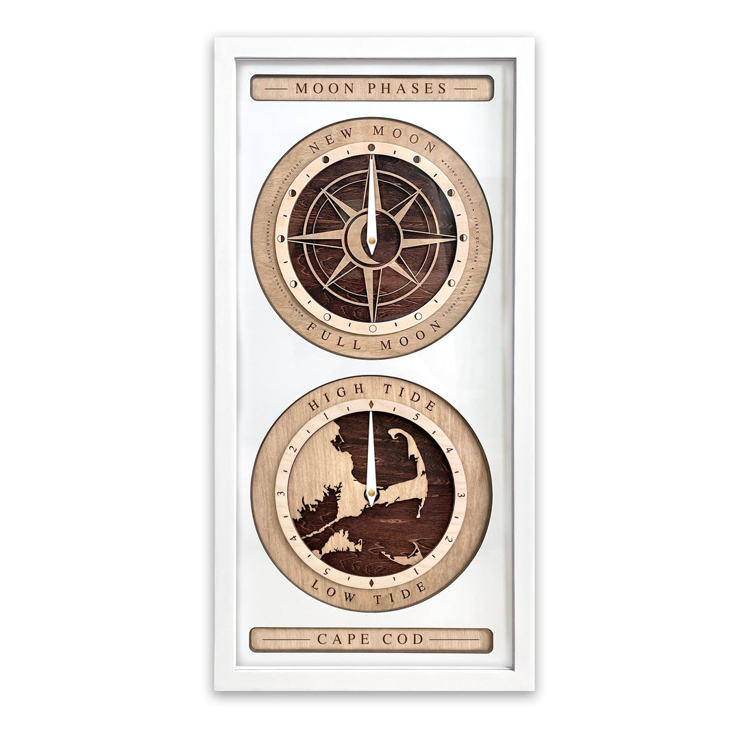 Compass Rose and Cape Cod Moon Phase and Tide Clock White and Red Mahogany