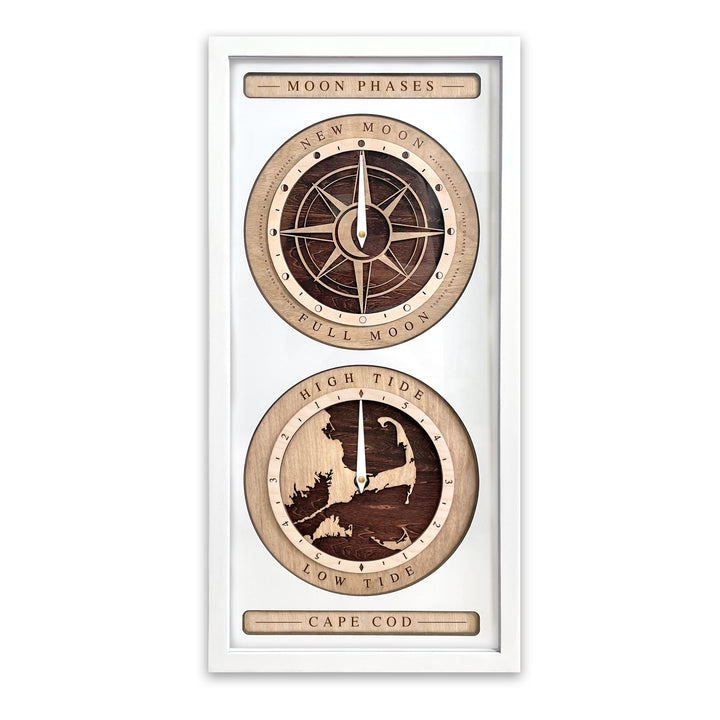 Compass Rose and Cape Cod Moon Phase and Tide Clock White and Red Mahogany