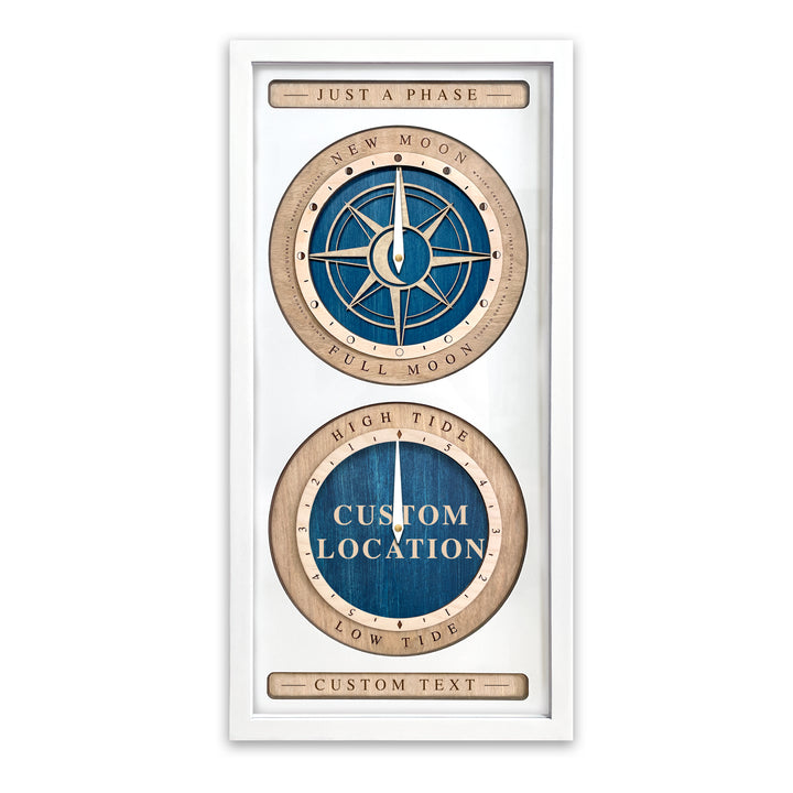 Compass Rose and Custom Location Moon Phase and Tide Clock White and Blue