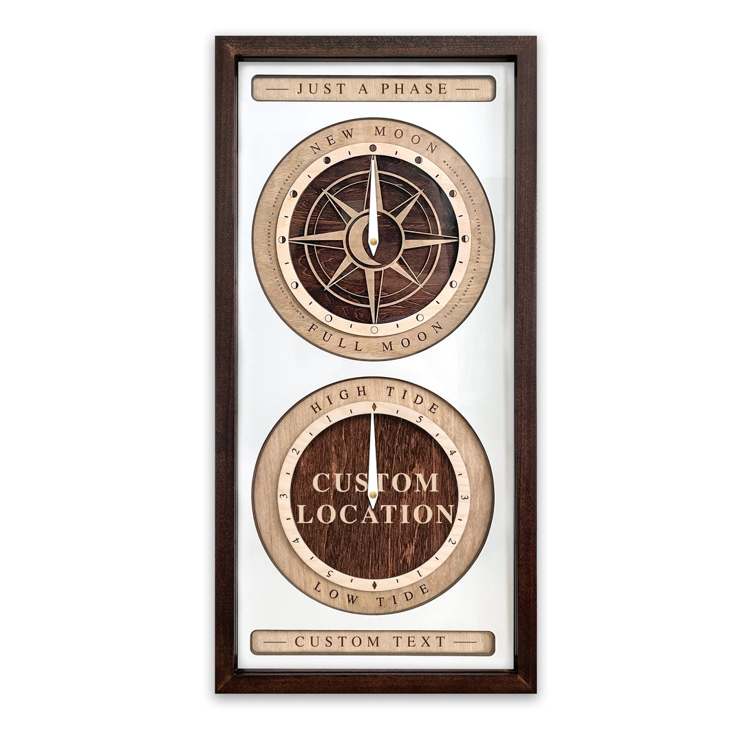 Compass Rose and Custom Location Moon Phase and Tide Clock Red Mahogany