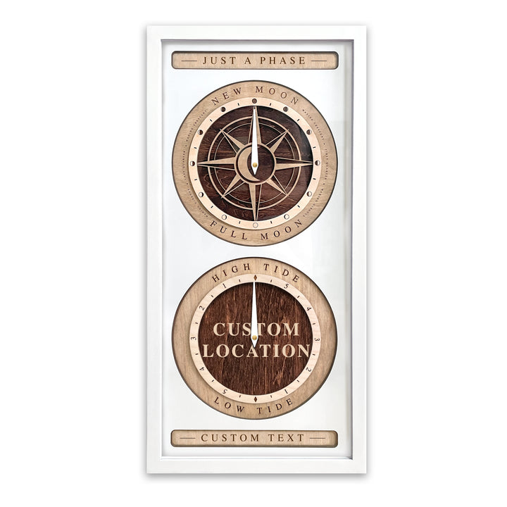 Compass Rose and Custom Location Moon Phase and Tide Clock White and Red Mahogany