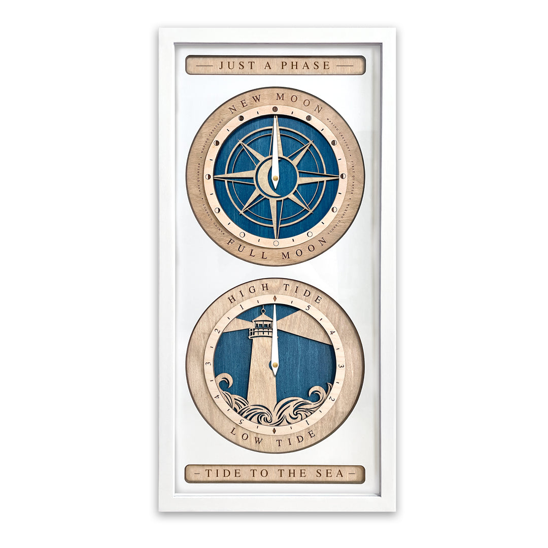 Compass Rose and Lighthouse Moon Phase and Tide Clock White and Blue