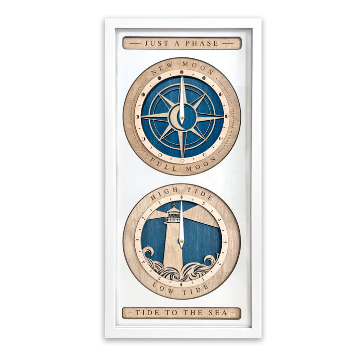 Compass Rose and Lighthouse Moon Phase and Tide Clock White and Blue