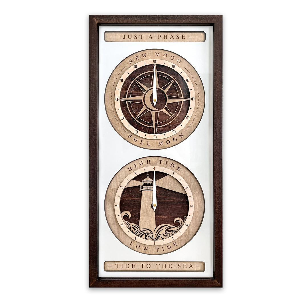 Compass Rose and Lighthouse Moon Phase and Tide Clock Red Mahogany