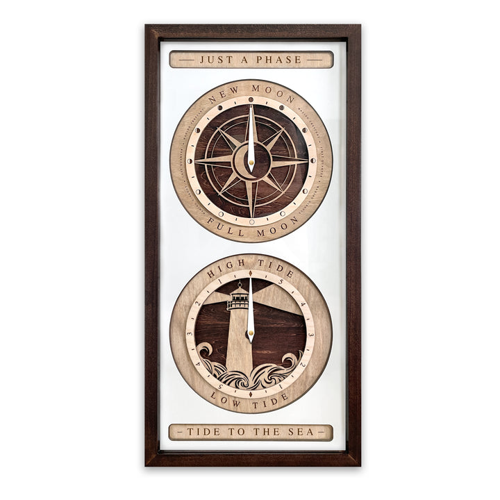 Compass Rose and Lighthouse Moon Phase and Tide Clock Red Mahogany