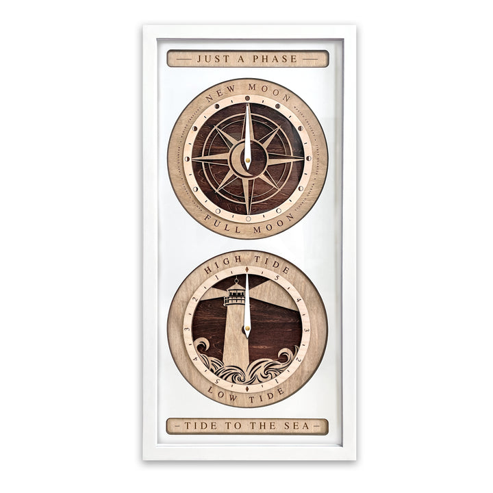Compass Rose and Lighthouse Moon Phase and Tide Clock White and Red Mahogany