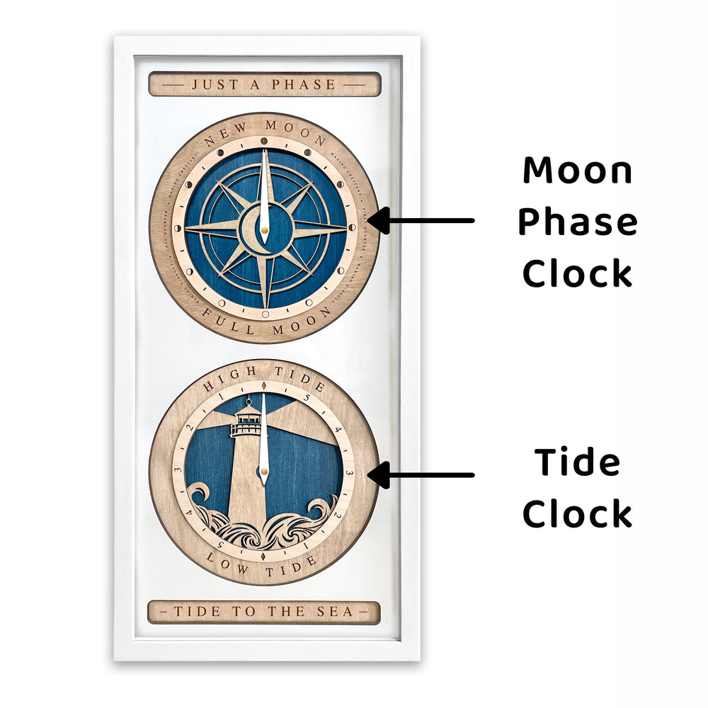 Moon Phase and Tide Clock Compass Rose and Lighthouse Design White and Blue