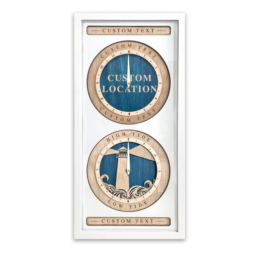 Custom Location and Lighthouse Time and Tide Clock White and Blue
