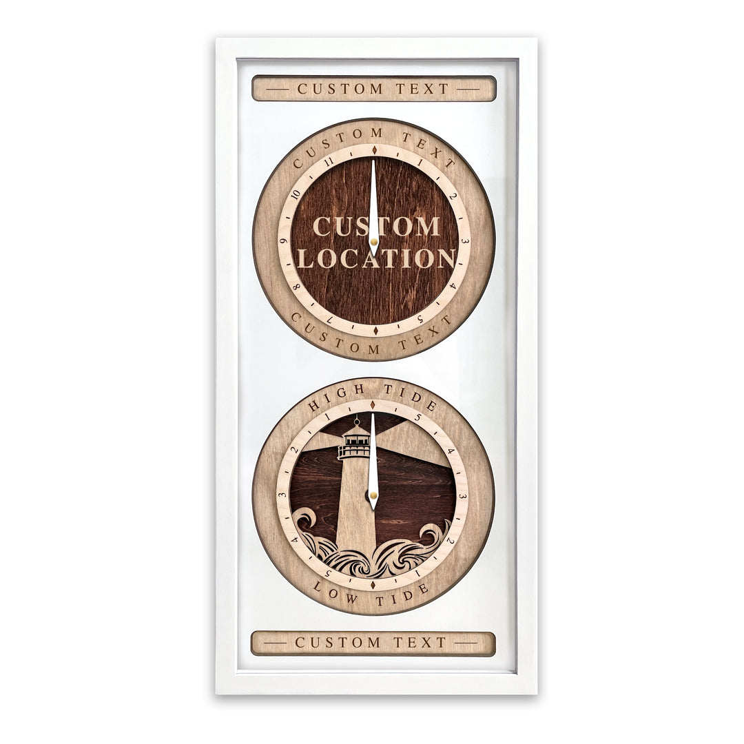 Custom Location and Lighthouse Time and Tide Clock White and Red Mahogany